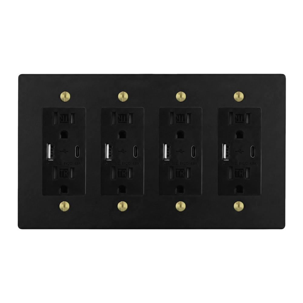 Matte Black (Satin Brass Accents) 4-Gang USB Outlet, USB Outlet, USB Outlet & USB Outlet Switch Plate in Black