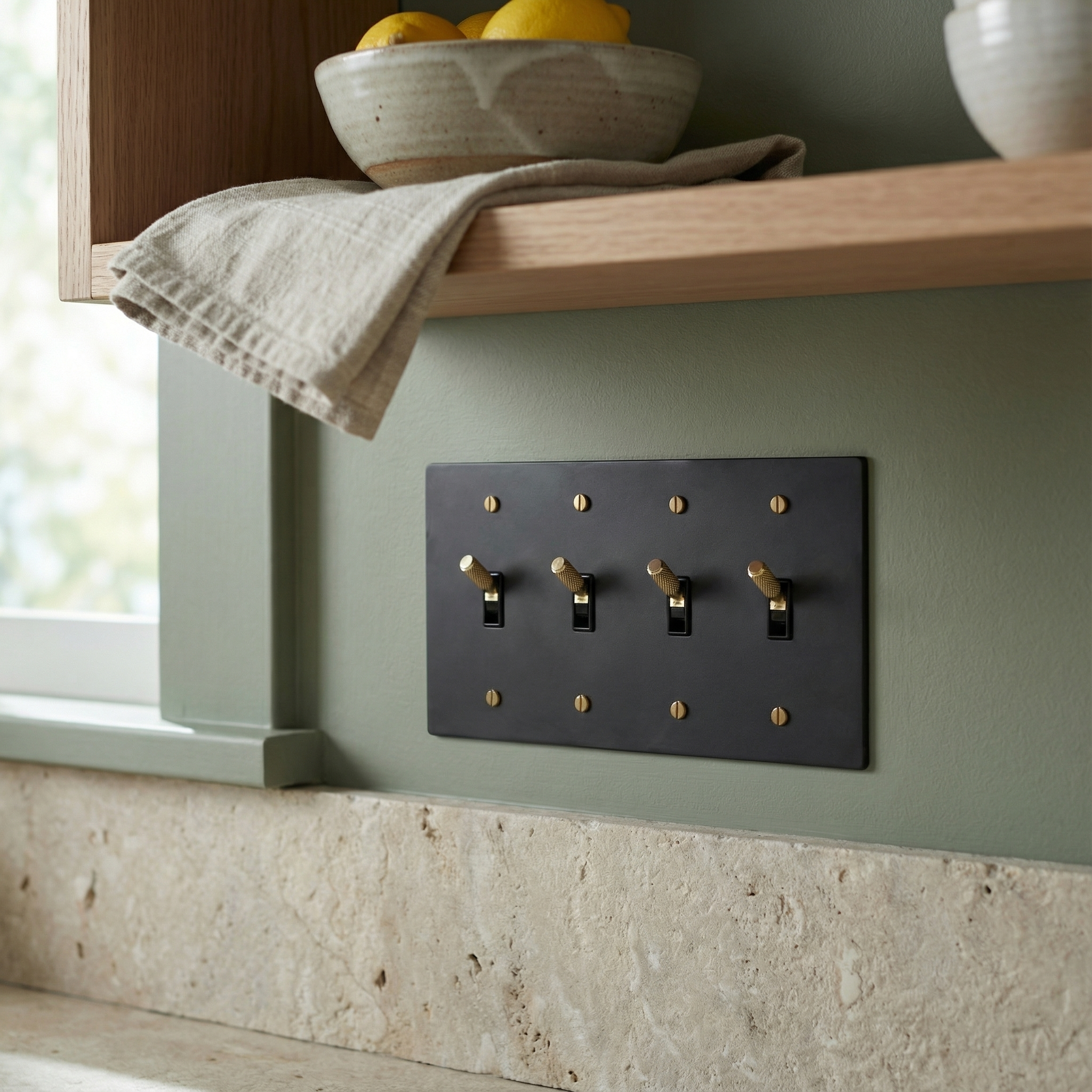 matte black (satin brass accents) 4 gang toggle switch plate on a sage green wall, exuding timeless elegance.