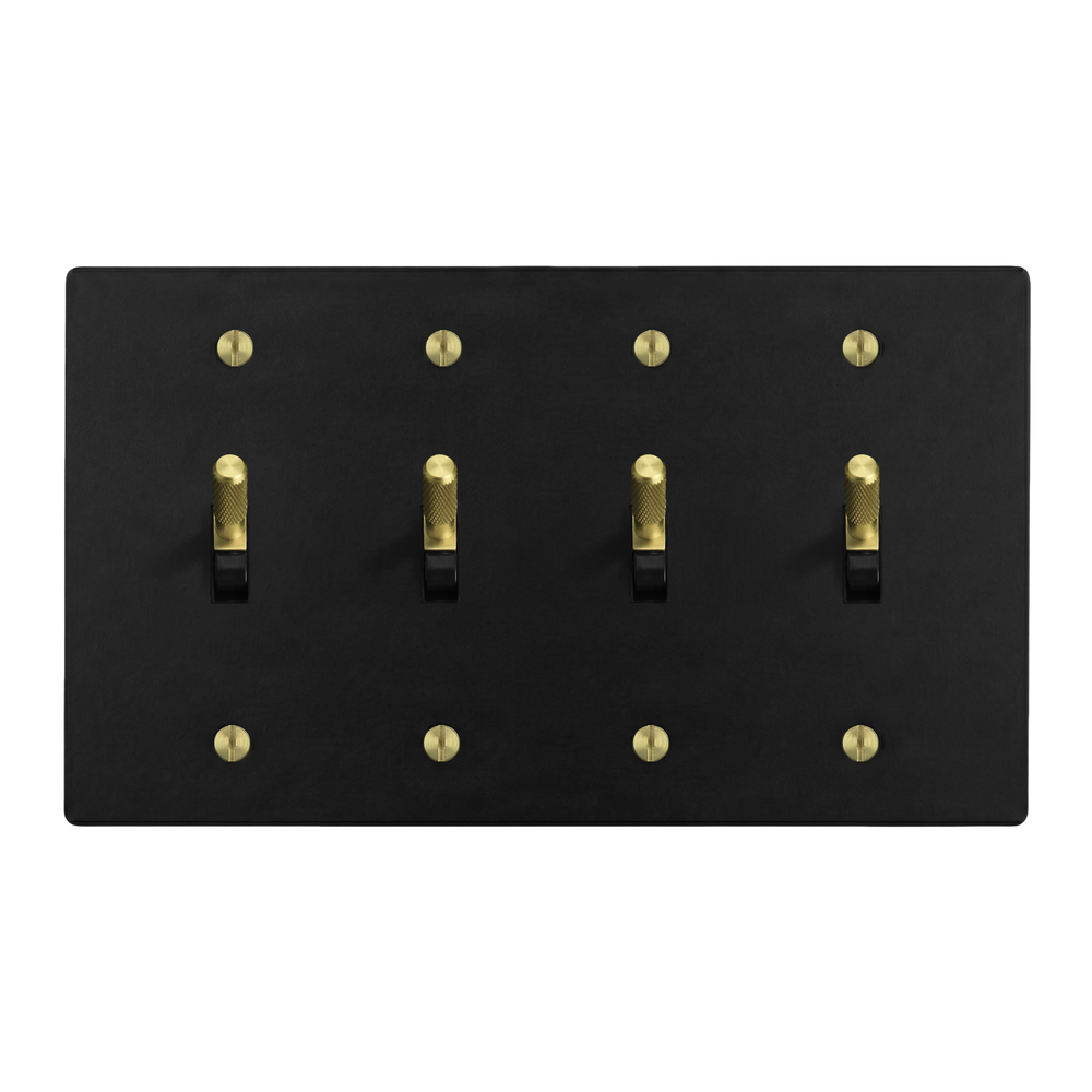 Matte Black (Satin Brass Accents) 4-Gang Toggle, Toggle, Toggle & Toggle Switch Plate in Black