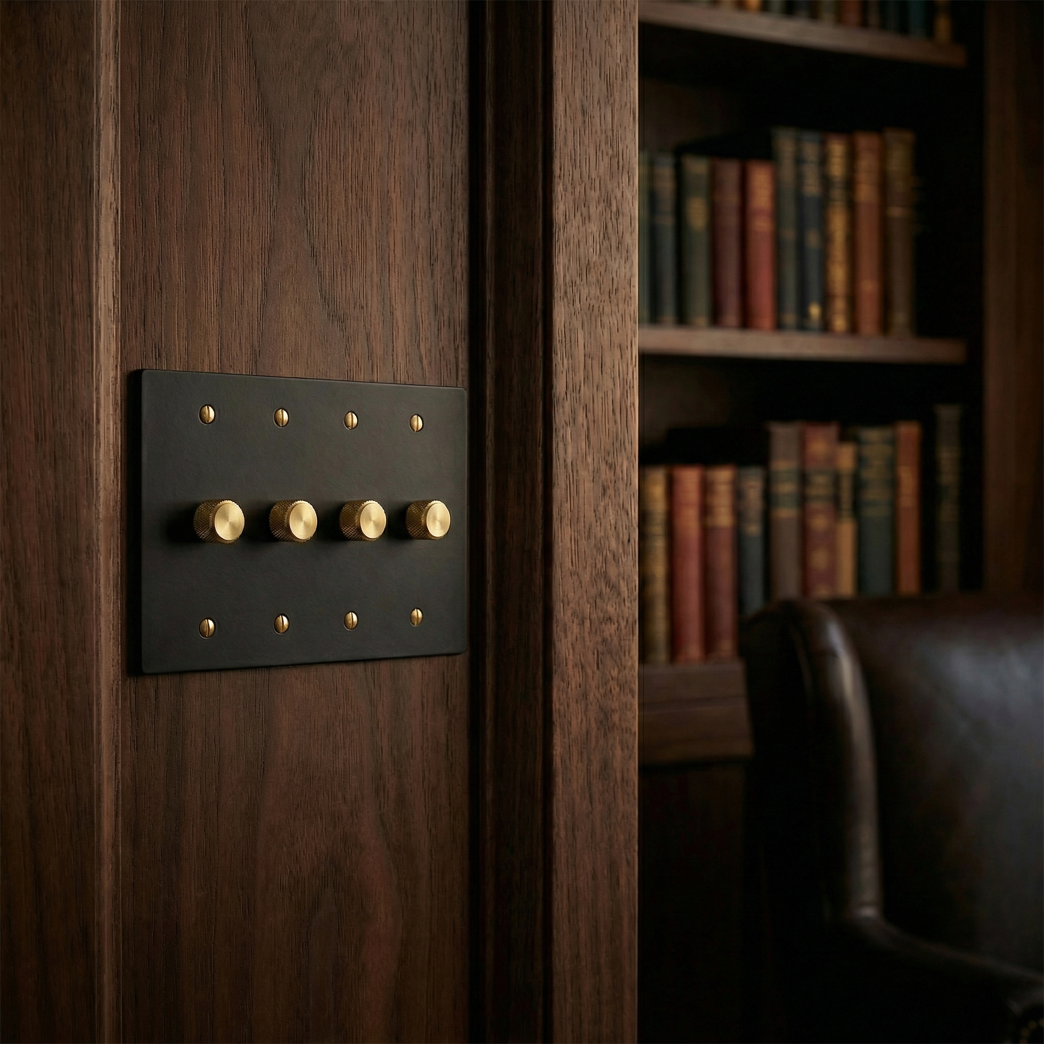 Matte black (satin brass accents) 4 gang dimmer switch plate on dark wood, leading to a timeless library. Quiet luxury.