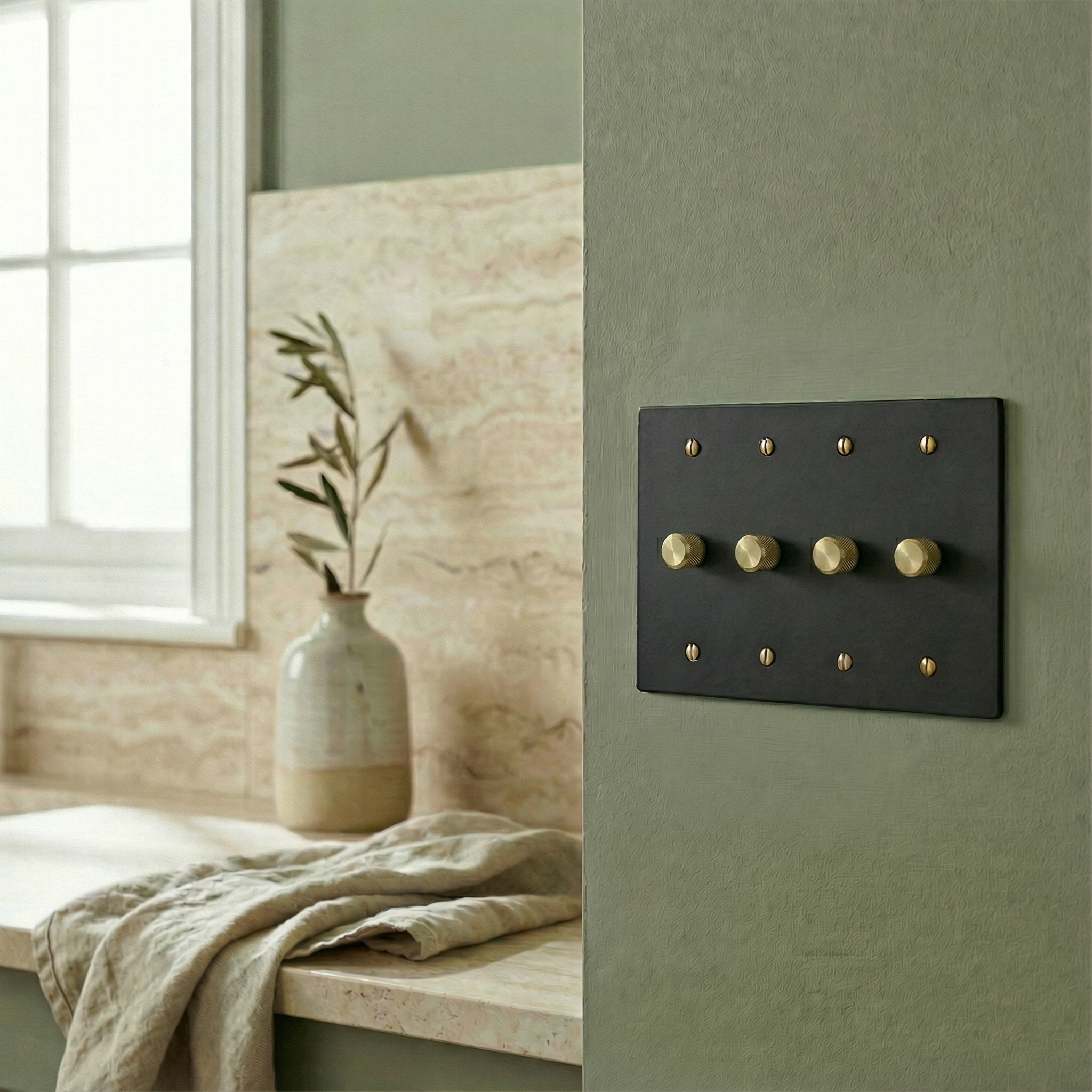 Timeless elegance: matte black (satin brass accents) 4 gang dimmer switch plate on a green wall, with a stone counter and linen.