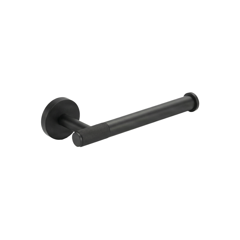 Heirloom matte black toilet paper holder with knurled detail, crafted for permanence.