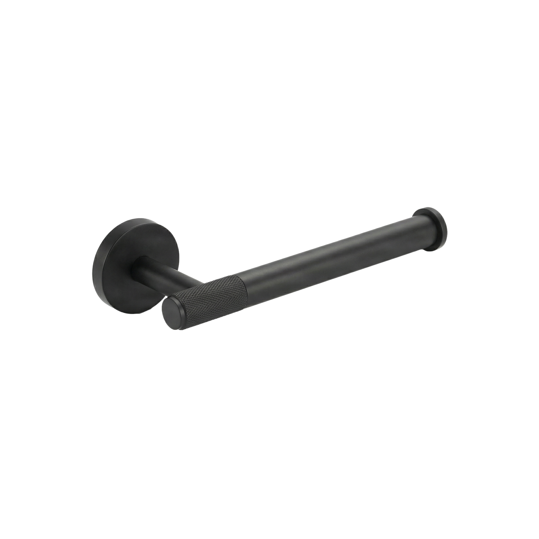 Heirloom matte black toilet paper holder with knurled detail, crafted for permanence.