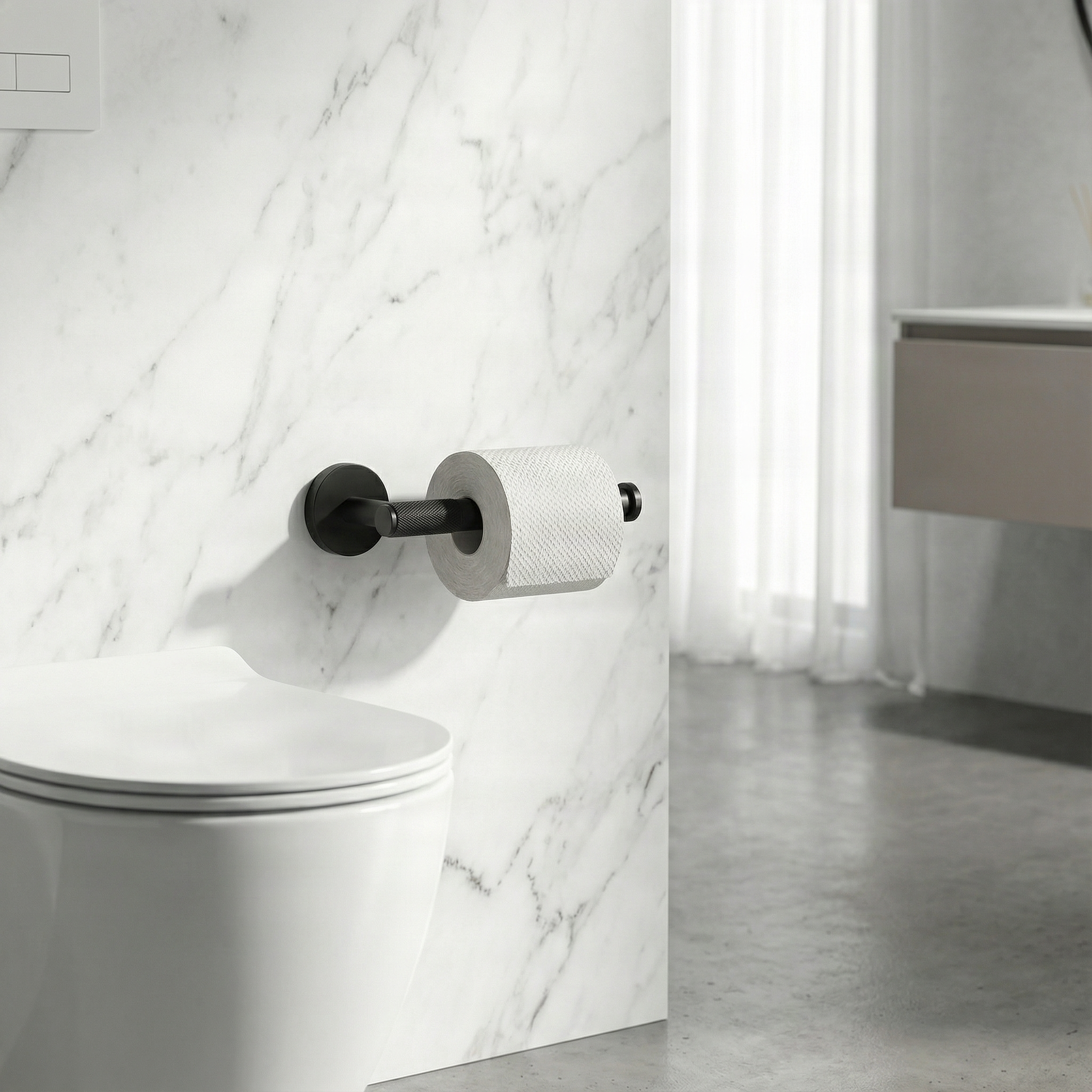 Elegant knurled brass bathroom toilet paper holder on marble, reflecting timeless design.