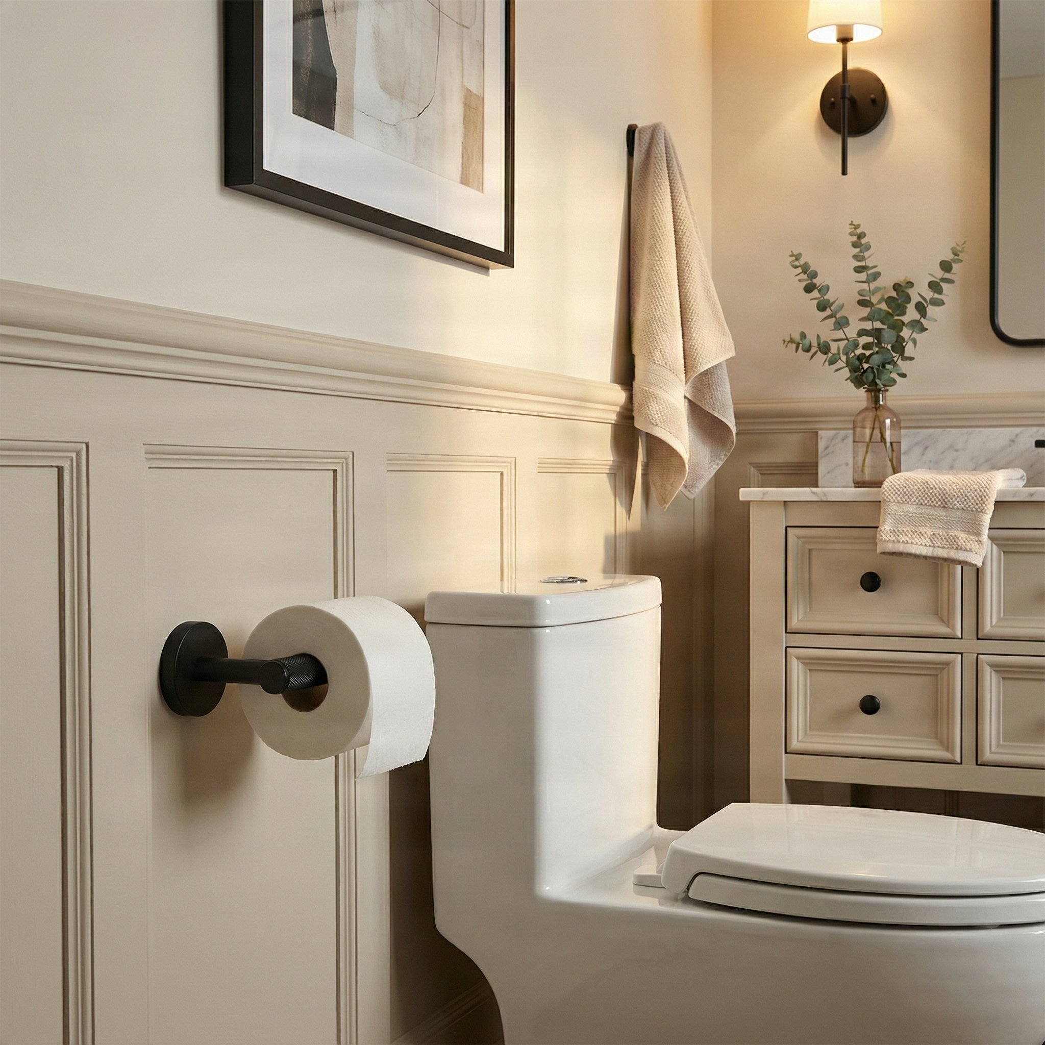 Elegant bathroom with wainscoting featuring a knurled matte black toilet paper holder, embodying timeless luxury.
