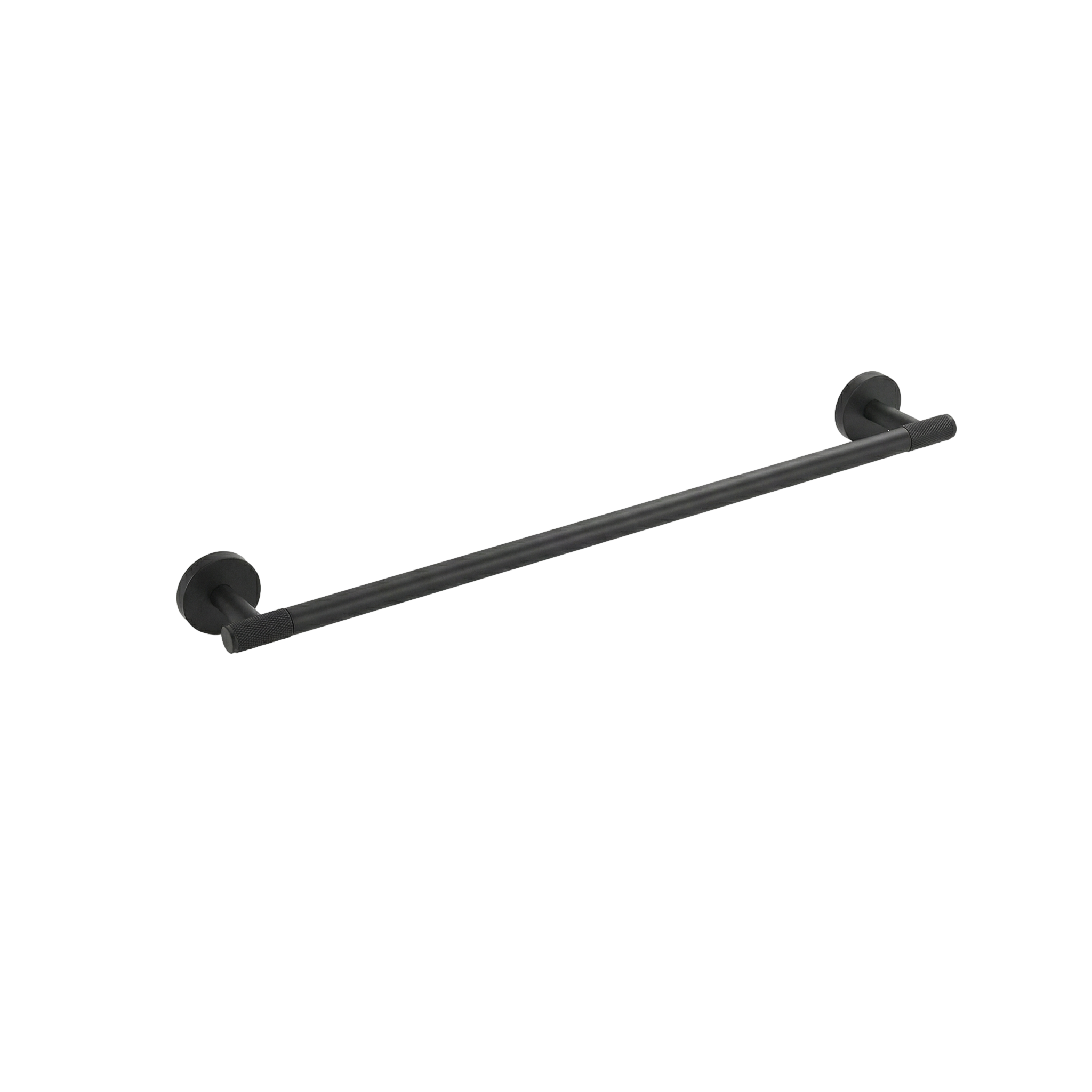 Timeless matte black 24 inch towel bar, solid brass with tactile knurled details, heirloom quality.