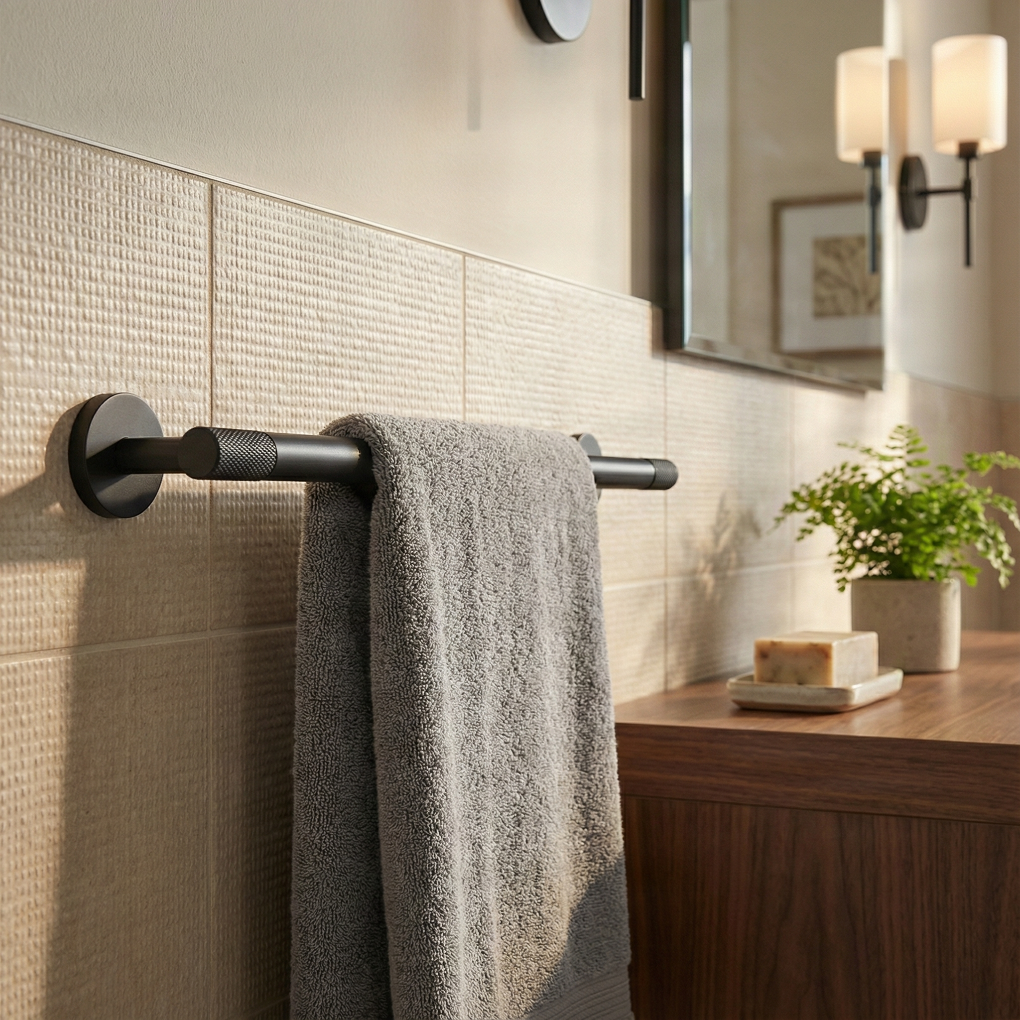 A knurled matte black 24 inch towel bar hangs on textured beige tiles, exuding quiet luxury in a timeless bathroom.