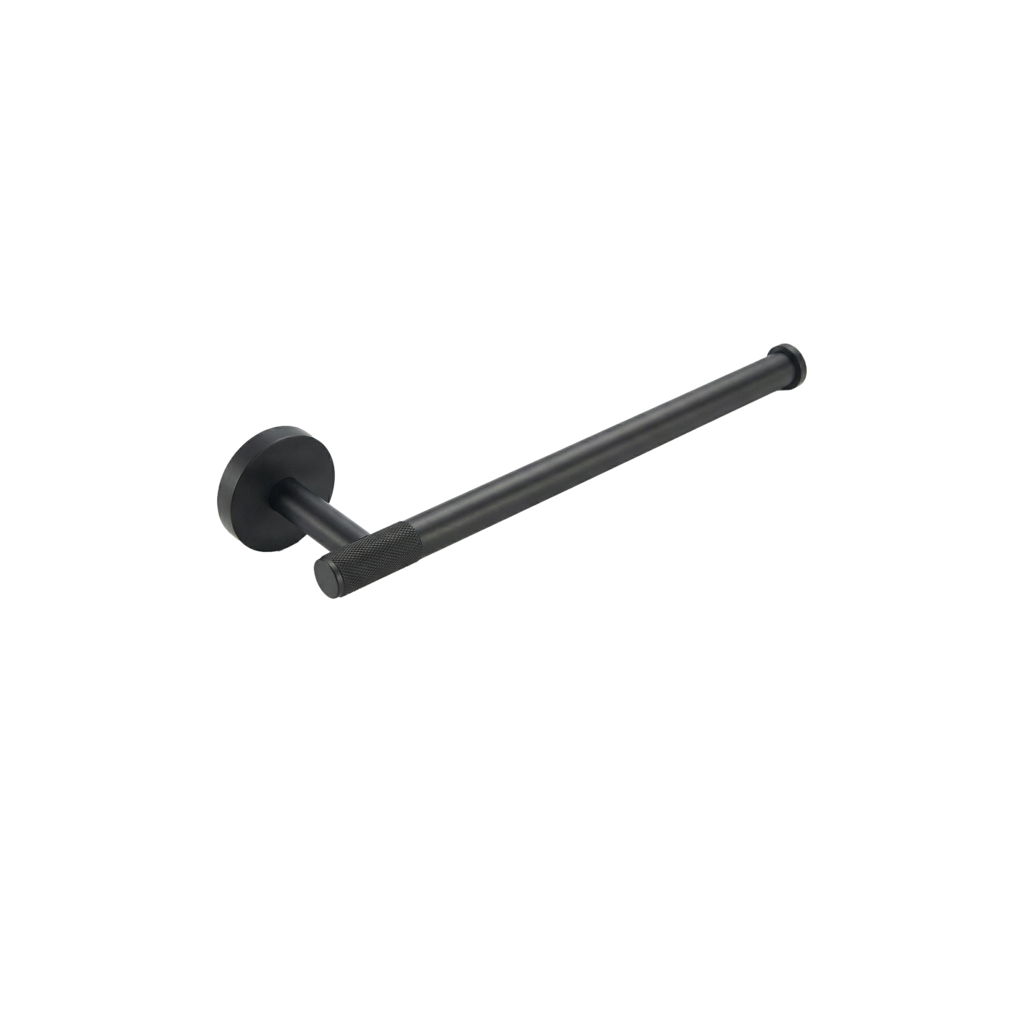 Heirloom-quality matte black 11 inch towel bar, solid brass with refined knurled texture.