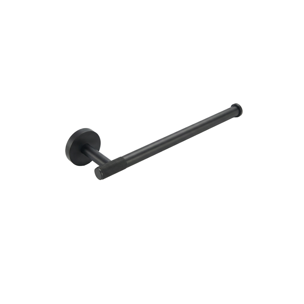 Heirloom-quality matte black 11 inch towel bar, solid brass with refined knurled texture.