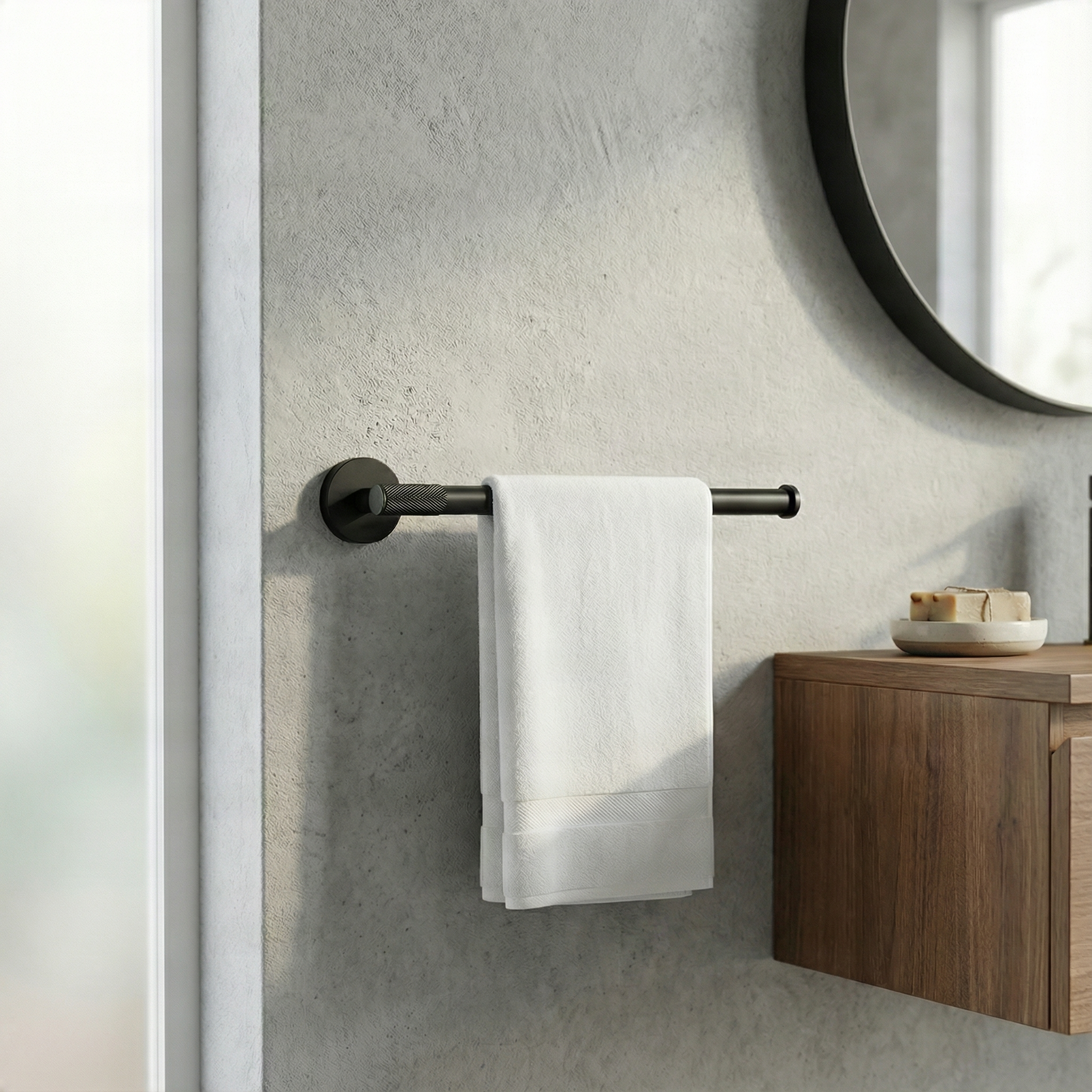 Timeless brass bathroom 11 inch towel bar with knurled craftsmanship on a textured wall.