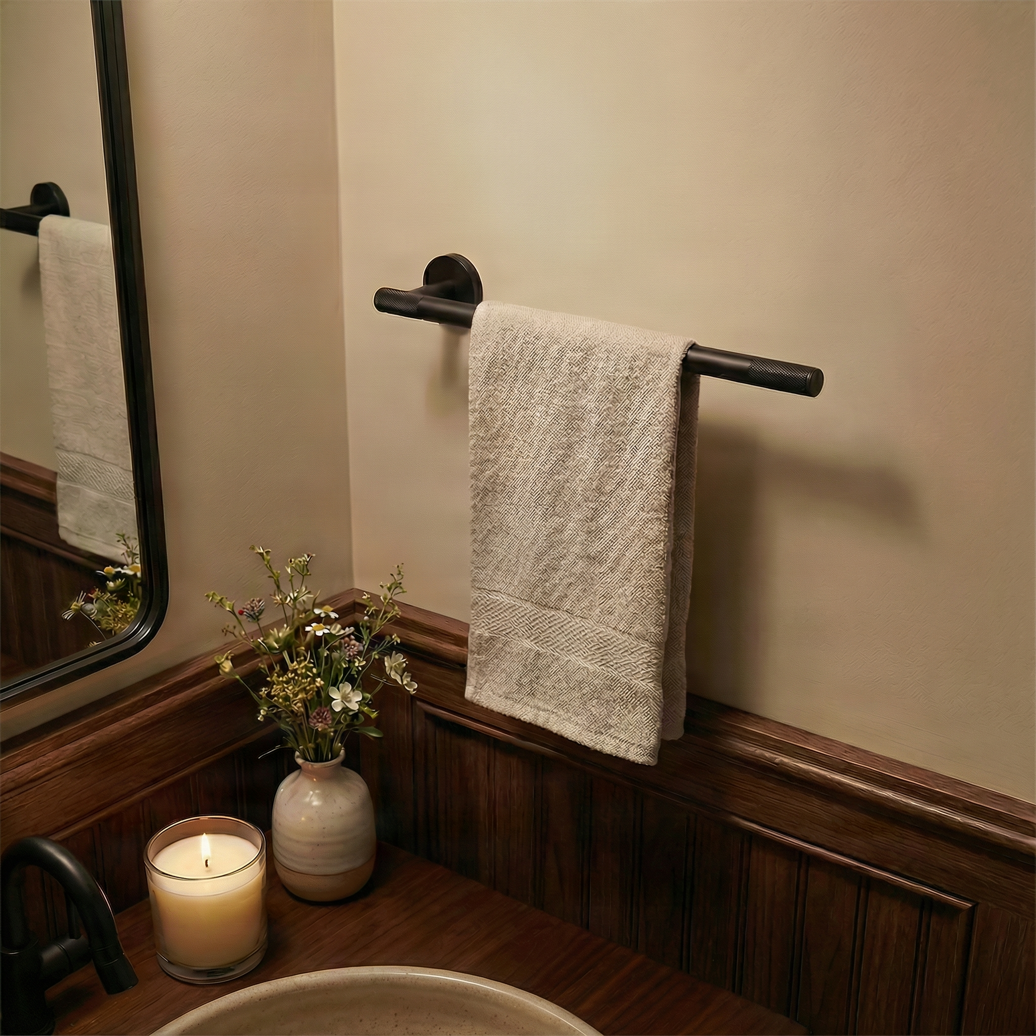 modern brass bathroom hardware 11 inch towel bar in a refined setting with dark wood paneling and a neutral wall.