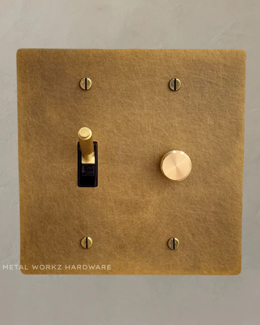 Brass Modern Toggle Light Switch + Rotary Dimmer Switch (2-Gang) Aged Patina Brass With Black Module