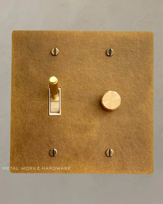 Brass Modern Toggle Light Switch + Rotary Dimmer Switch (2-Gang) Aged Patina Brass With Ivory Module