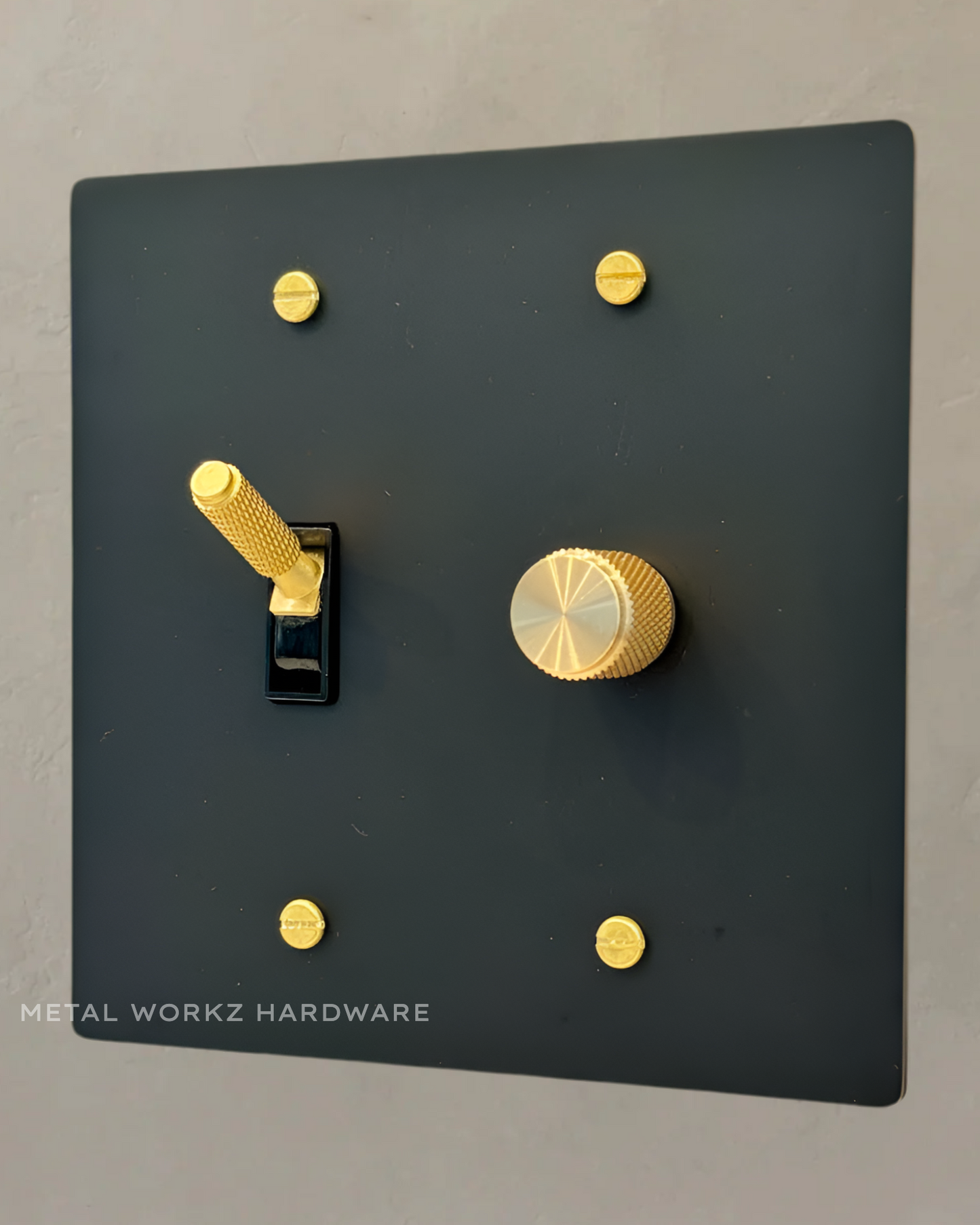 Brass Modern Toggle Light Switch + Rotary Dimmer Switch (2-Gang) Black + Brass With Black Module