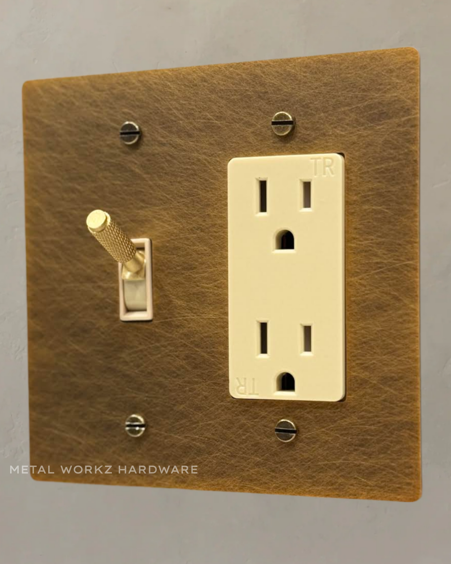 Brass Modern Toggle Light Switch + Duplex Outlet (2-Gang) Aged Patina Brass With Ivory Module