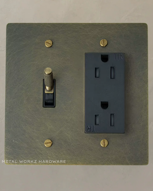 Brass Modern Toggle Light Switch + Duplex Outlet (2-Gang) Antique Bronze With Black Module