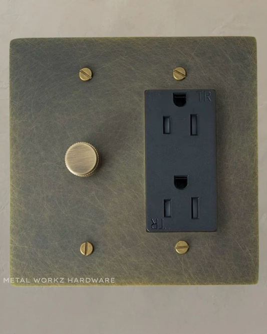 Brass Rotary Dimmer Switch + Outlet (2-Gang) Antique Bronze With Black Module