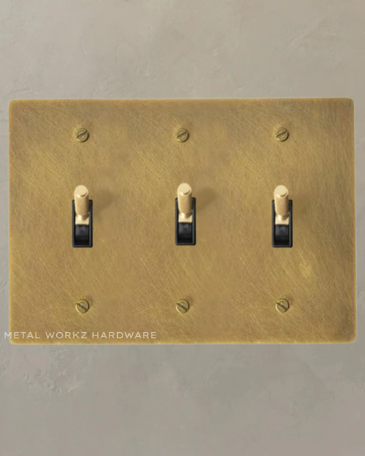 Brass Modern Toggle Light Switch (3-Gang) Aged Patina Brass With Black Module