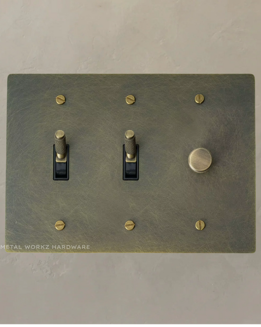 Brass Modern Toggle Light Switches + Rotary Dimmer Switch (3-Gang) Antique Bronze With Black Module)