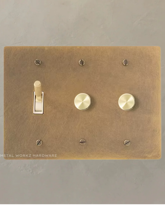 Brass Modern Toggle Light Switch + Rotary Dimmer Switches (3-Gang) Aged Patina Brass With White Module