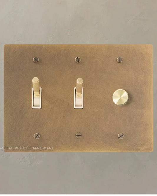 Brass Modern Toggle Light Switches + Rotary Dimmer Switch (3-Gang) Aged Patina Brass With White Module