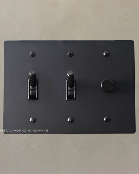 Brass Modern Toggle Light Switches + Rotary Dimmer Switch (3-Gang) Black With Black Module