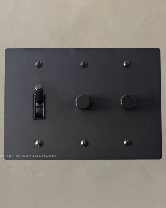Brass Modern Toggle Light Switch + Rotary Dimmer Switches (3-Gang) Black With Black Module