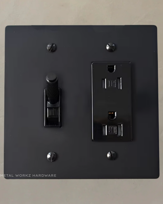 Brass Modern Toggle Light Switch + Duplex Outlet (2-Gang) Black With Black Module