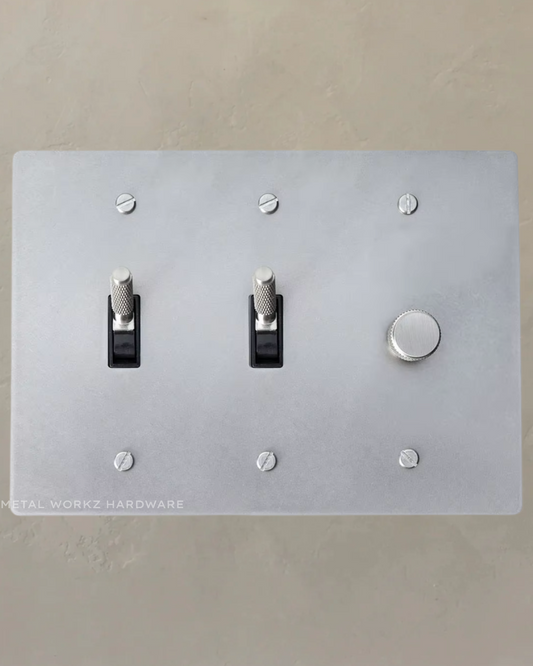 Brass Modern Toggle Light Switches + Rotary Dimmer Switch (3-Gang) Satin Nickel With Black Module