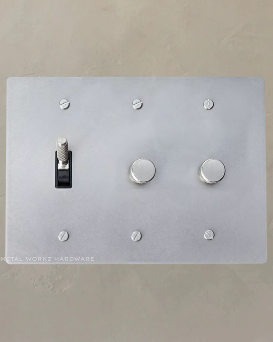 Brass Modern Toggle Light Switch + Rotary Dimmer Switches (3-Gang) Satin Nickel With Black Module