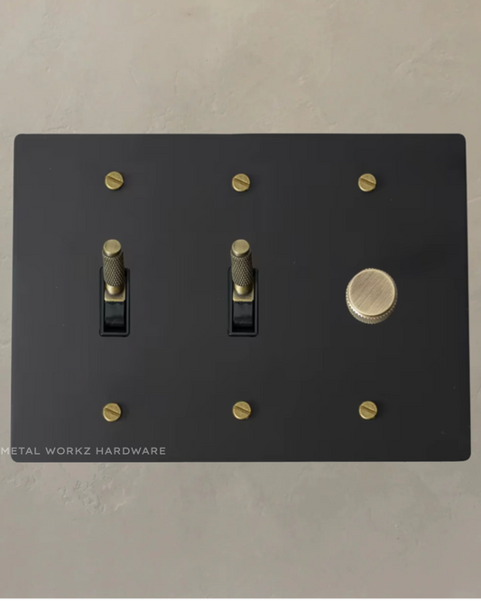 Brass Modern Toggle Light Switches + Rotary Dimmer Switch (3-Gang) Black + Antique Bronze With Black Module