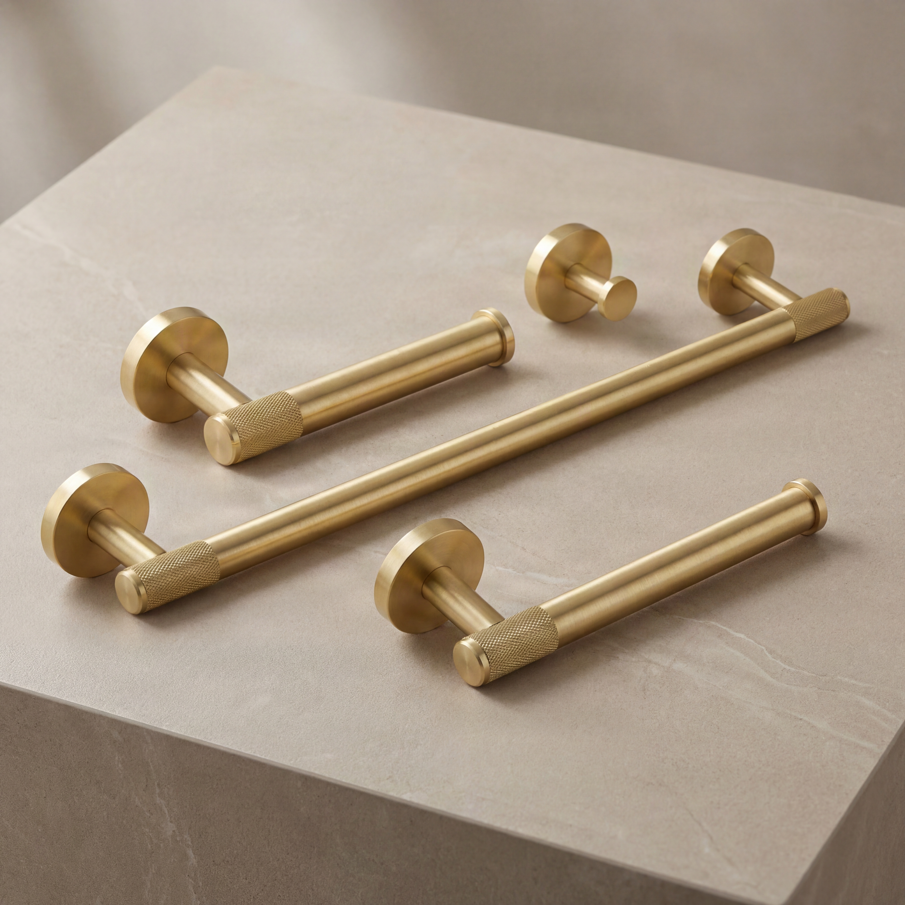 Knurled satin brass bath bars, holder, and hook