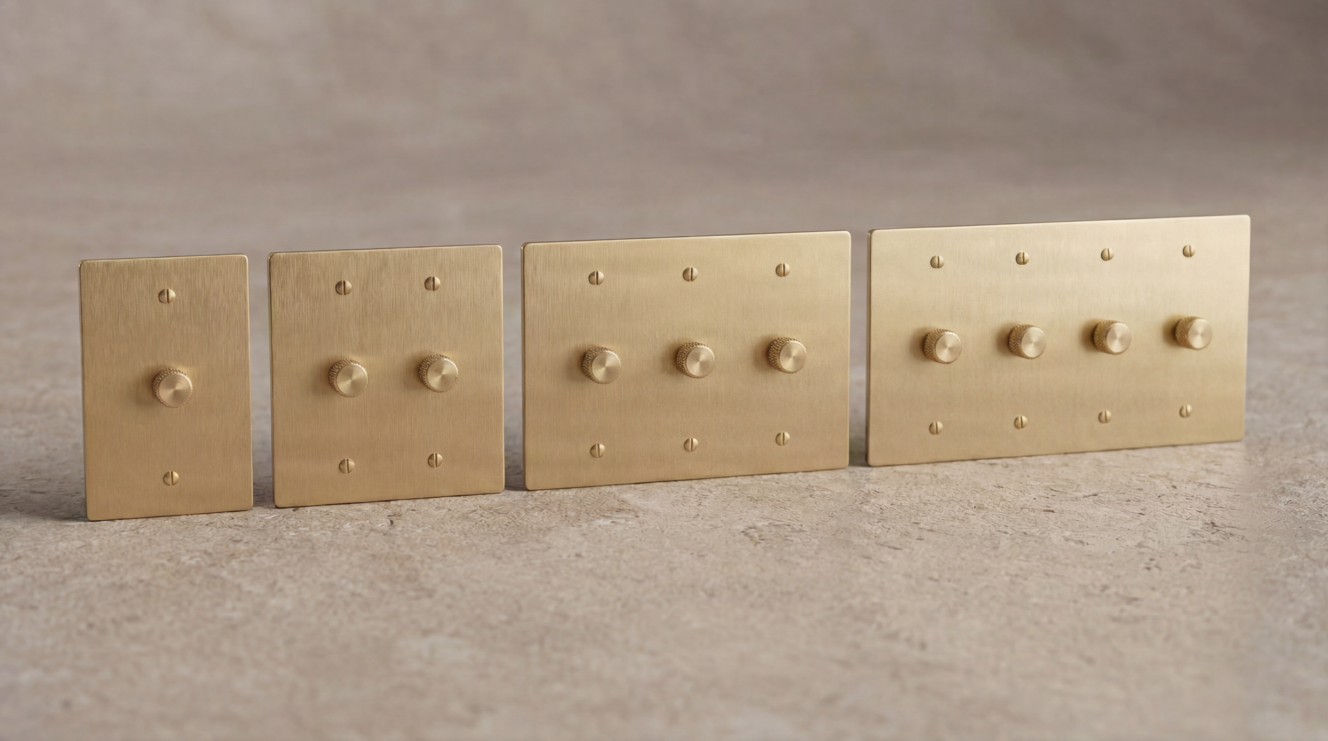 Satin Brass Dimmer Switches: Brushed brass panels, knurled knobs, exposed screws. Quiet luxury, heirloom quality.