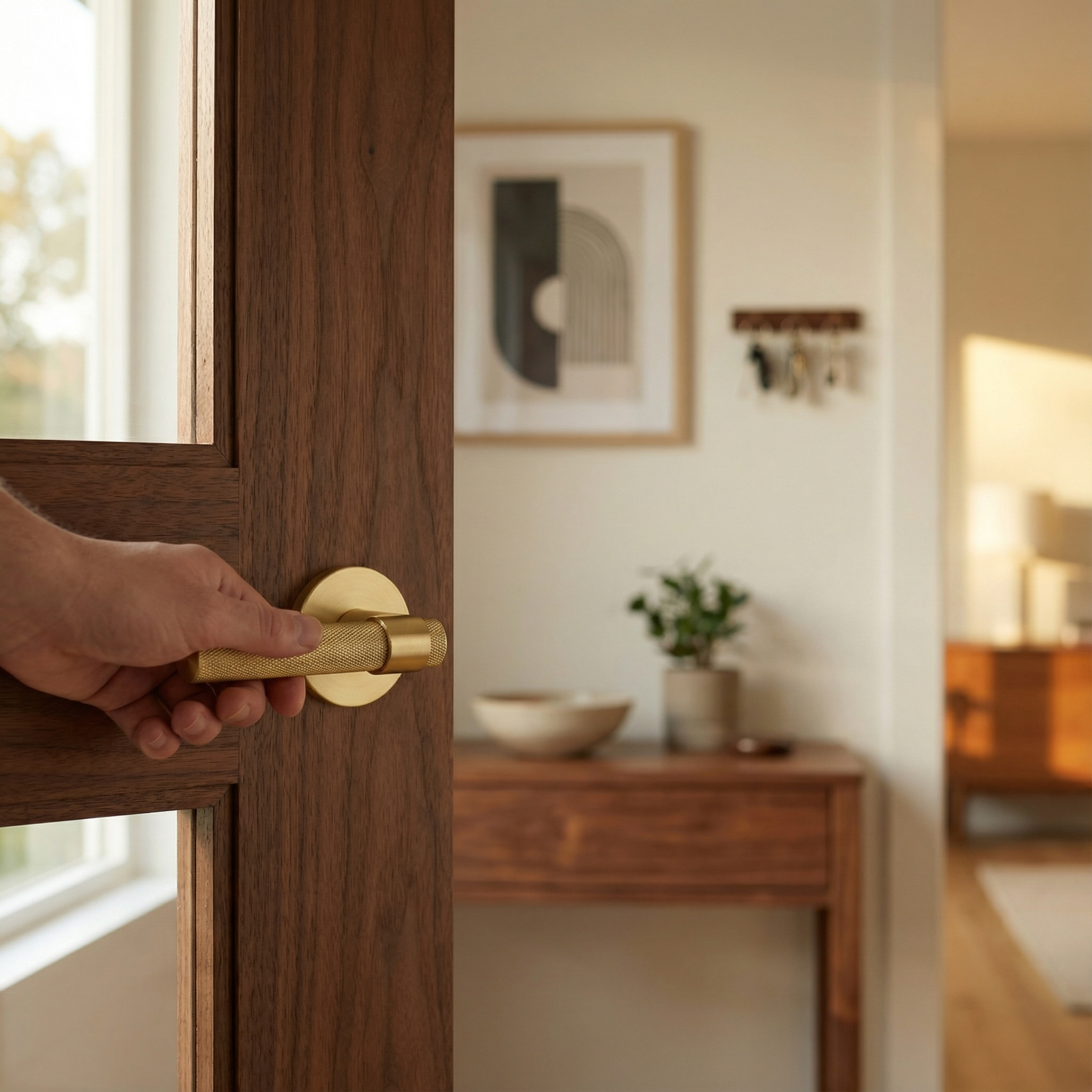 Hand on a knurled brass interior lever handle opening a dark wood door in a luxurious home setting.