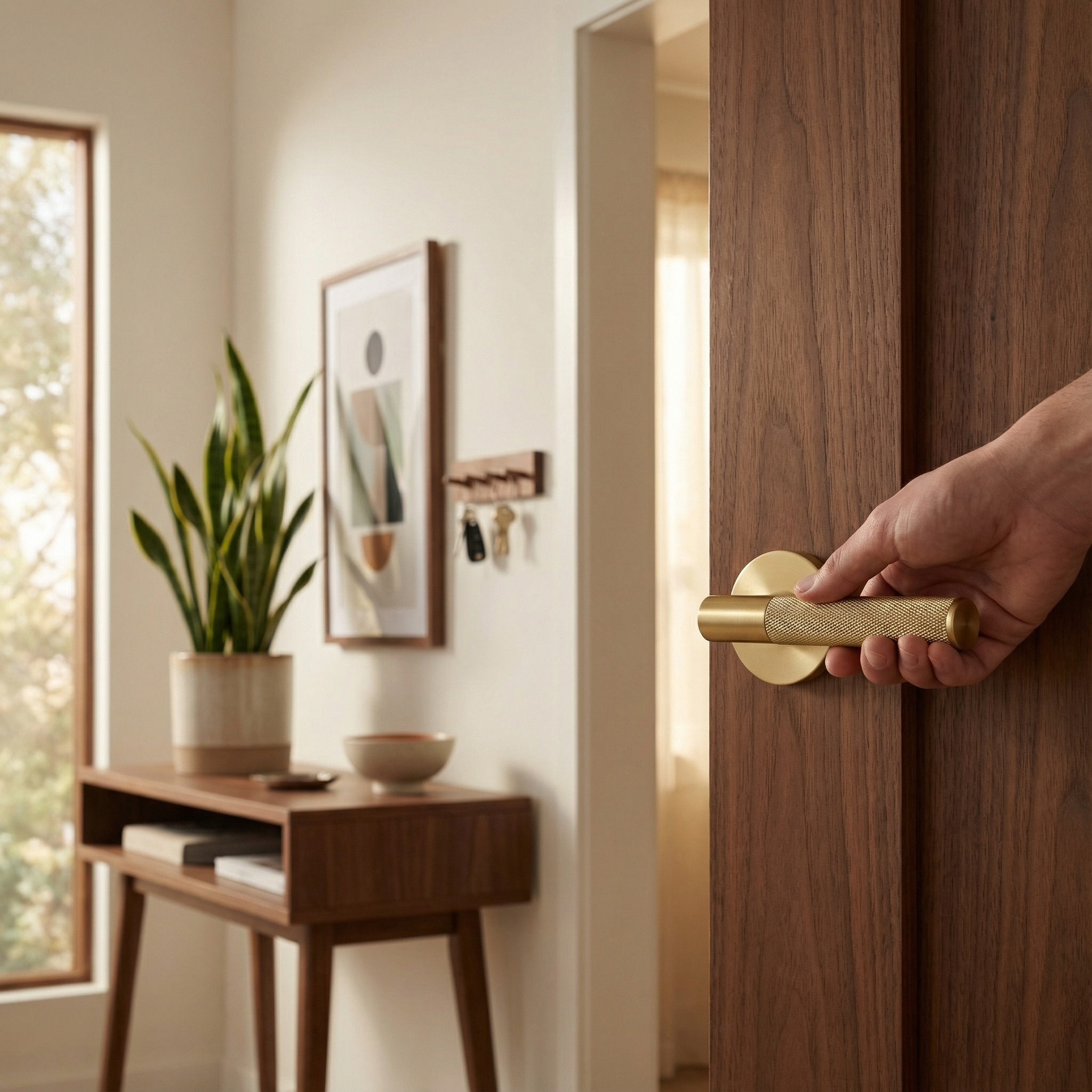 Hand on knurled brass interior lever handle on a rich wood door in an elegant entryway.