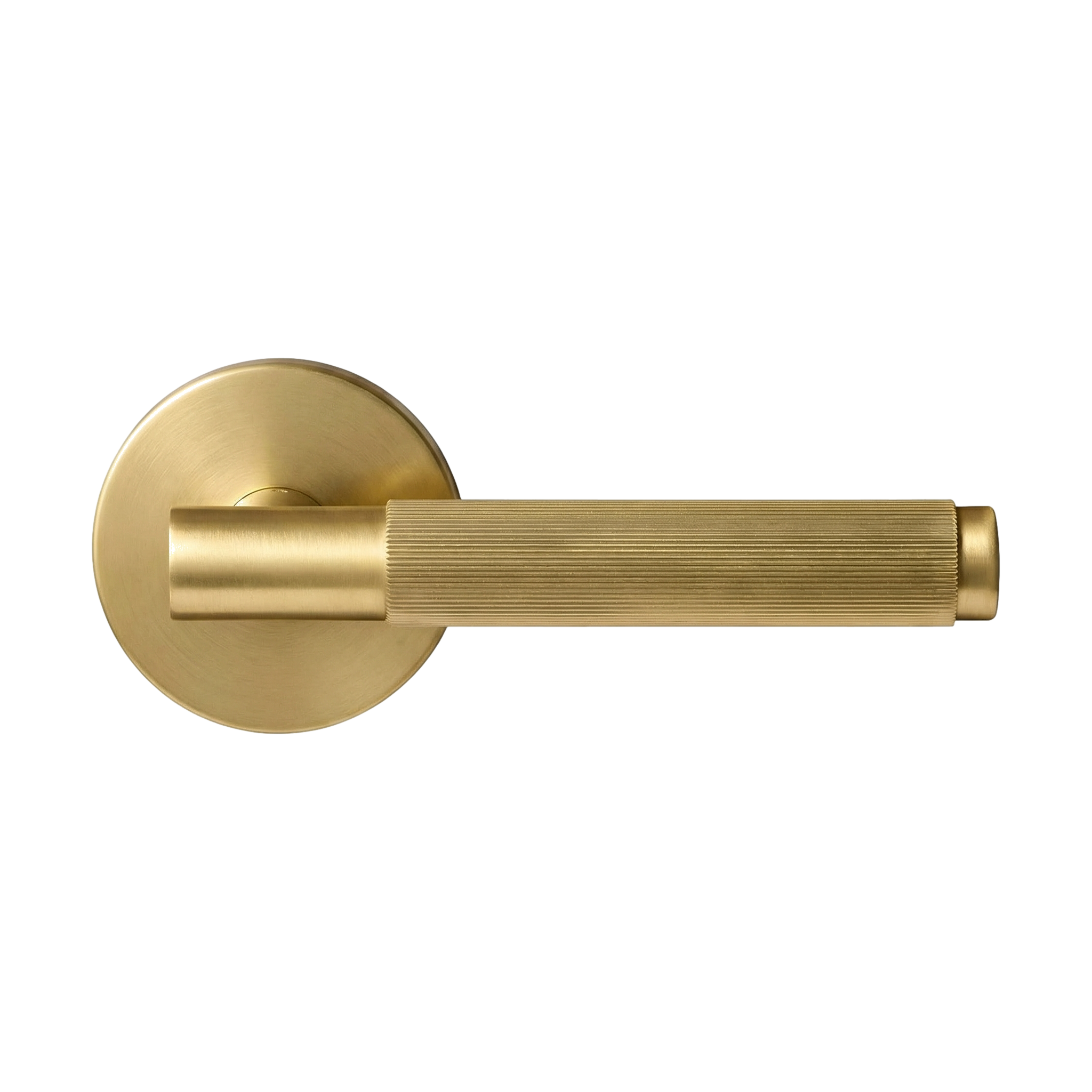 Crafted knurled satin brass lever handle, a tactile statement of heirloom quality.