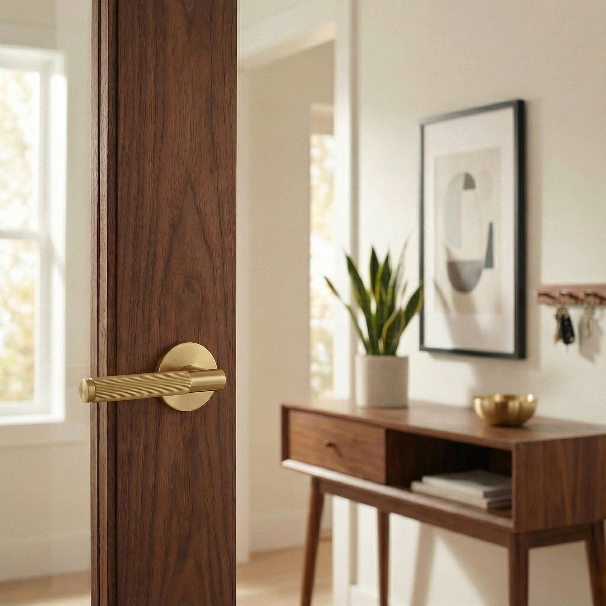 Elegant dark wood door with a textured brass interior lever handle. Timeless luxury design.