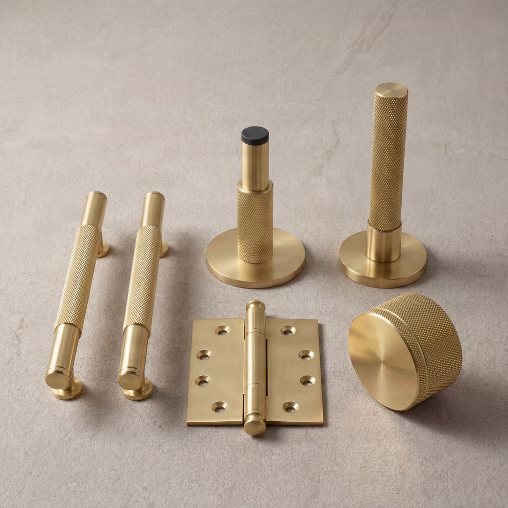 Elegant knurled satin brass hardware: pulls, stops, knob, hinge.