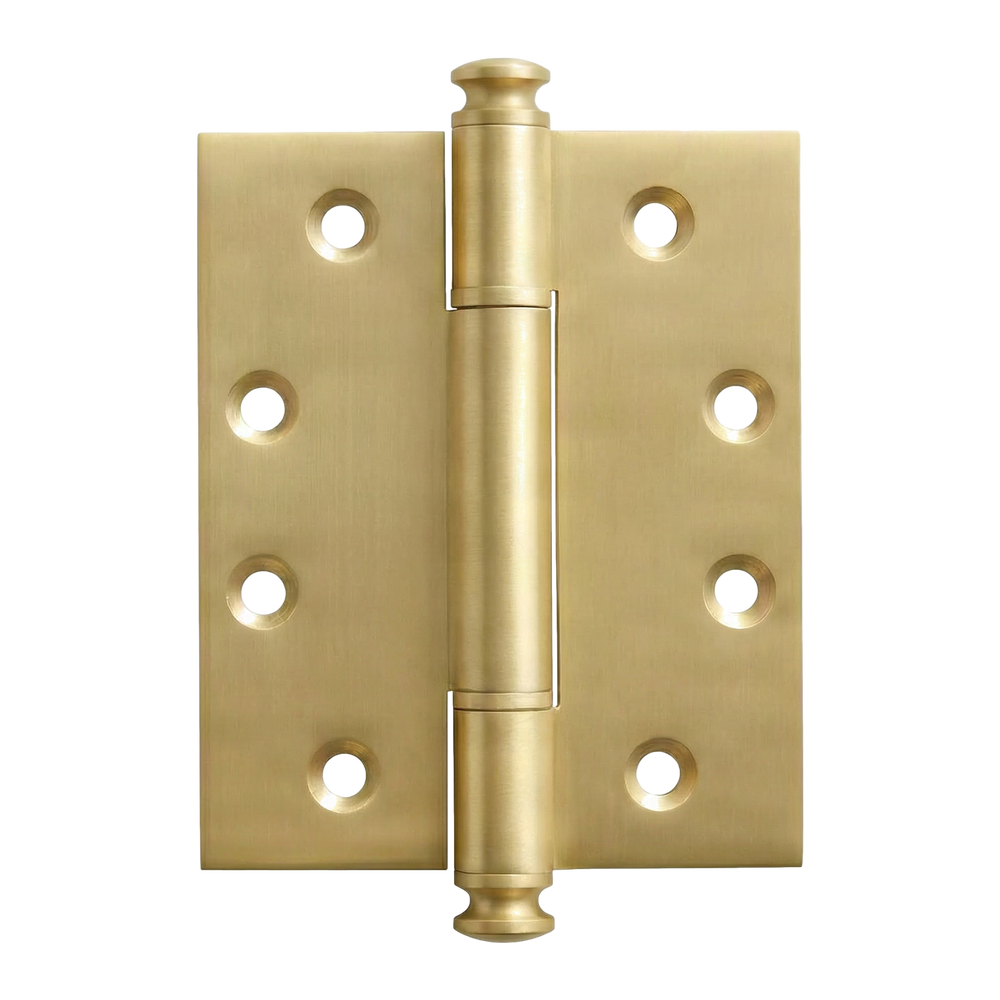 Timeless satin brass hinge with elegant finials, crafted for lasting luxury.