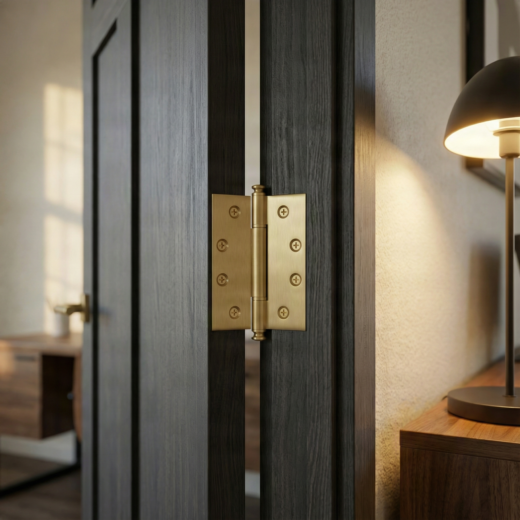Craftsmanship shines on a dark wood door with a sophisticated knurled satin brass hinge, creating timeless elegance.