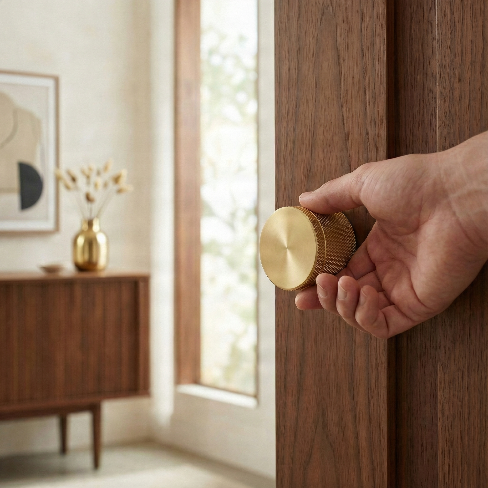 Hand turning a knurled brass interior door knob on a rich wood door, serene setting.
