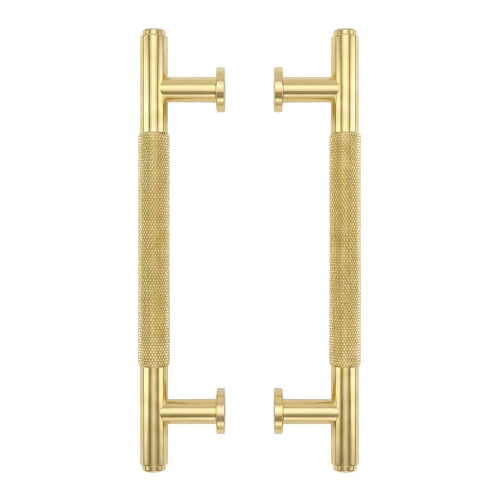 Tactile satin brass door pull forte 17 inch, knurled for heirloom quality and timeless style.