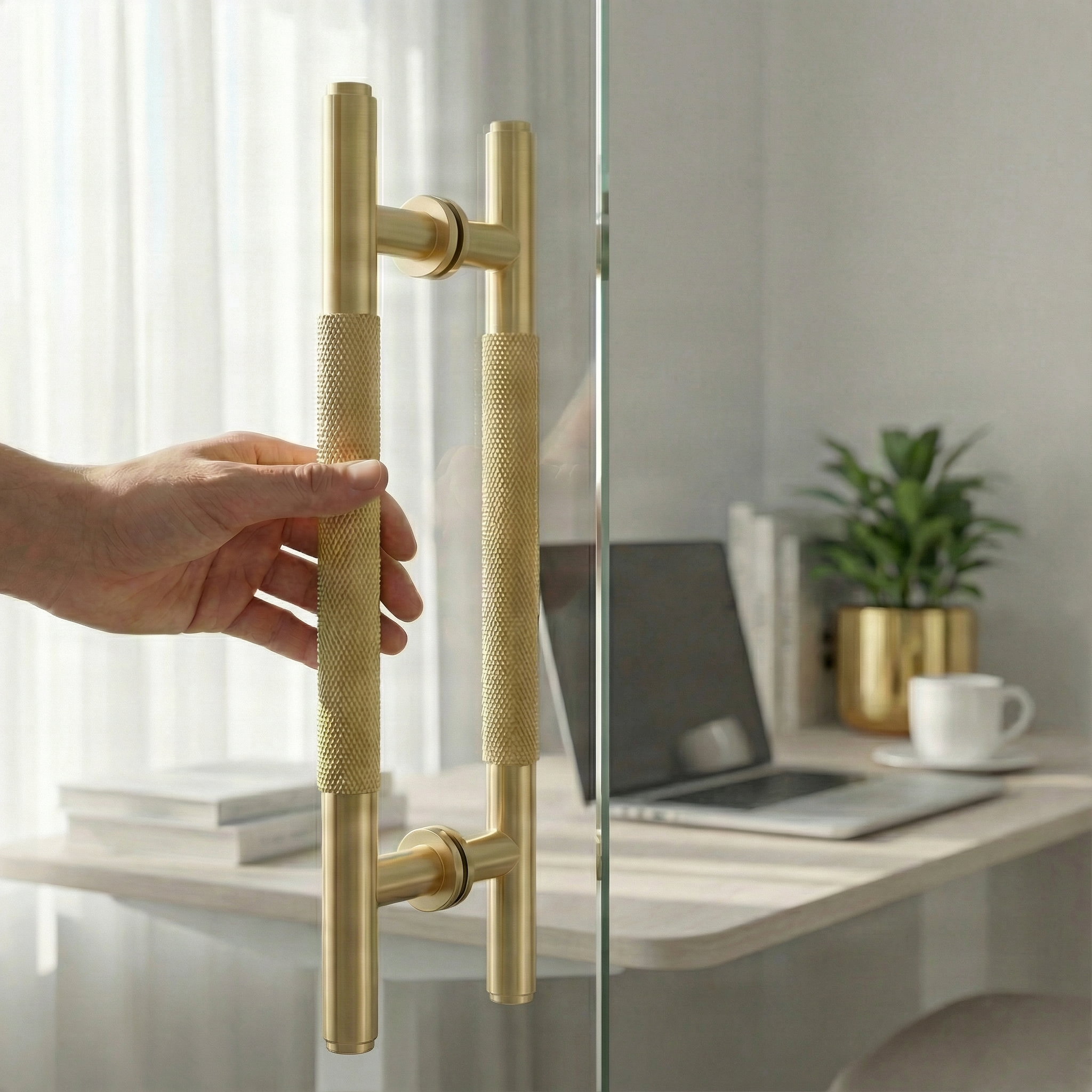 Hand grips a knurled brass double sided door pull handle 17 inch on a minimalist glass door to a serene office.