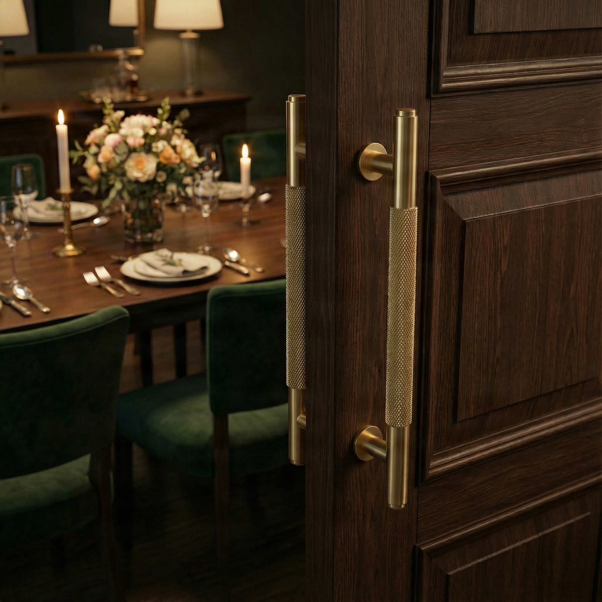 linear knurled satin brass door handle on dark wood, opening to an elegant candlelit dining room.