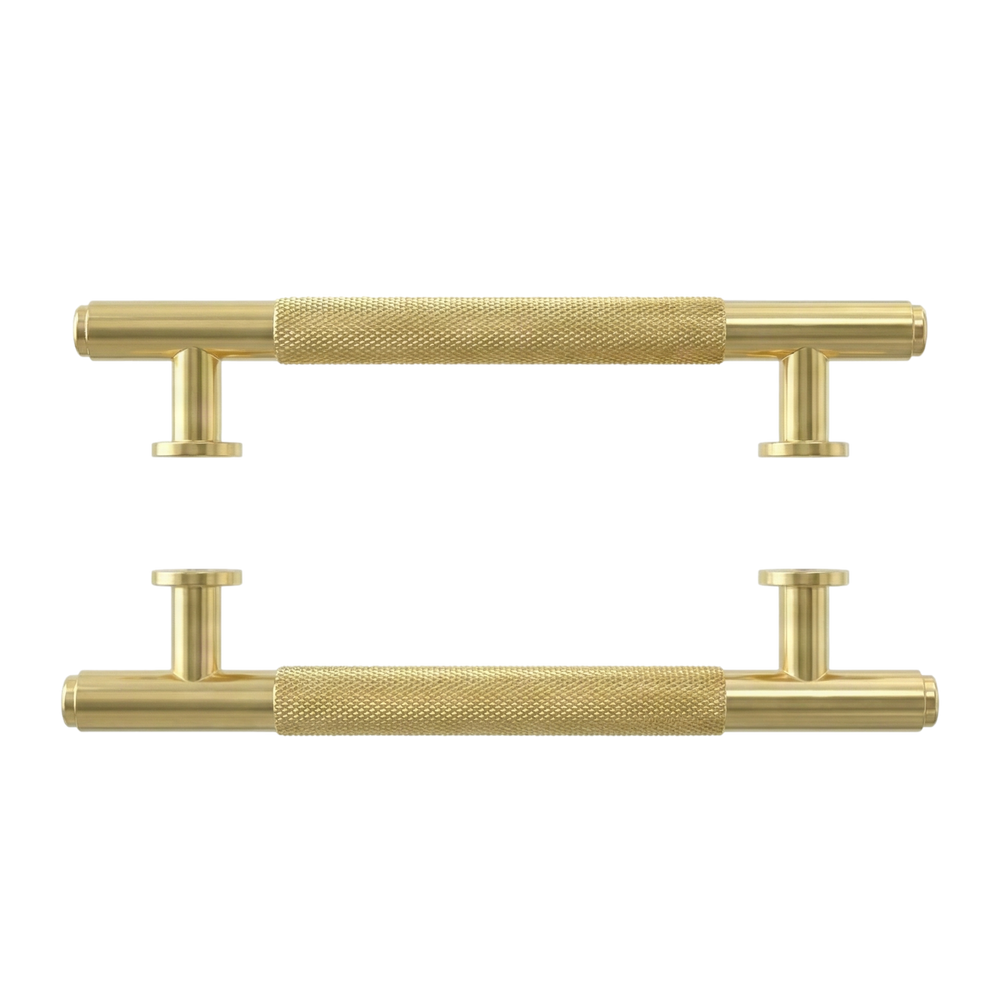 satin brass door pull forte 11 inch, knurled solid brass T-bar handles for lasting elegance.
