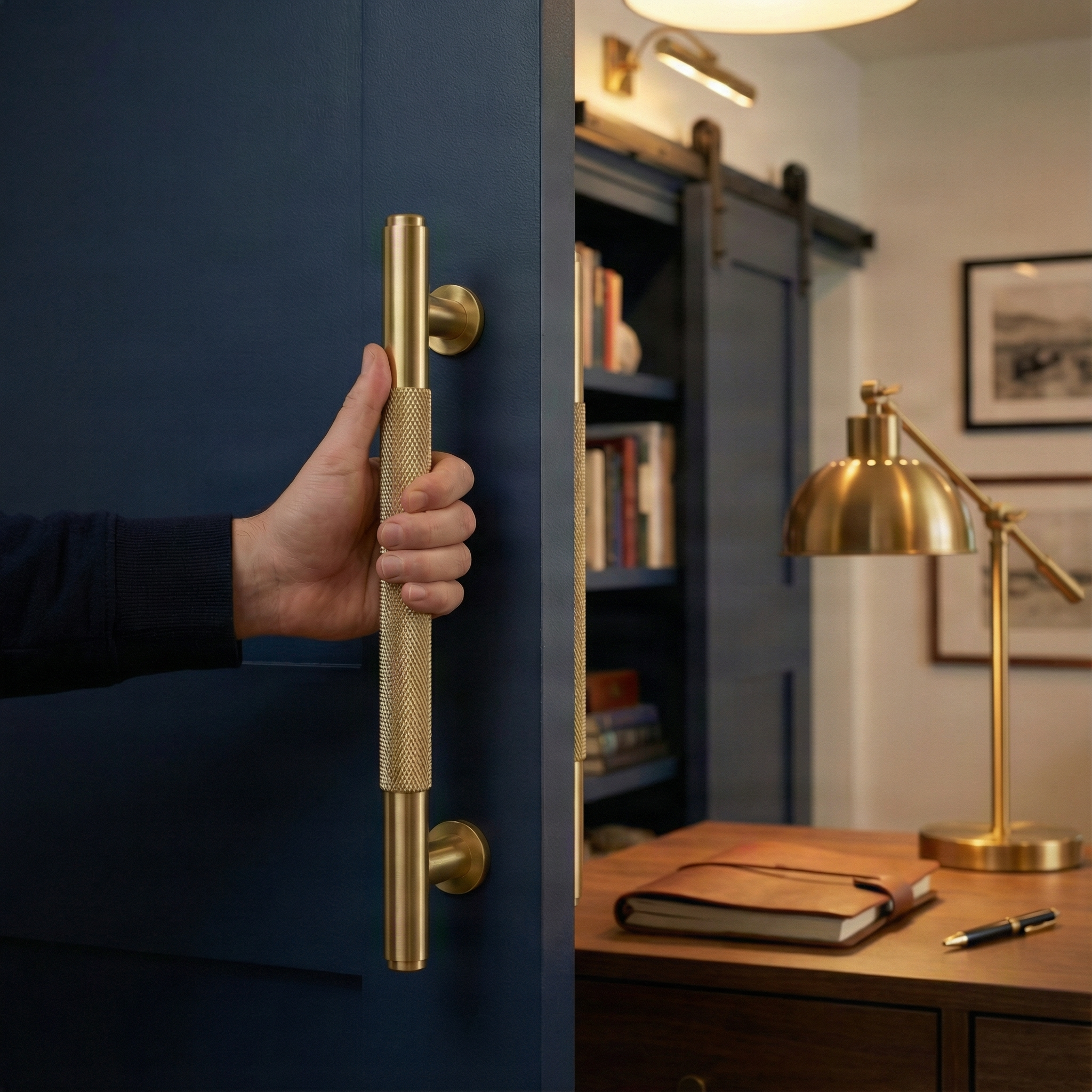Quiet luxury with a knurled satin brass door handle 11 inch on a navy door opening to a warm, timeless study.