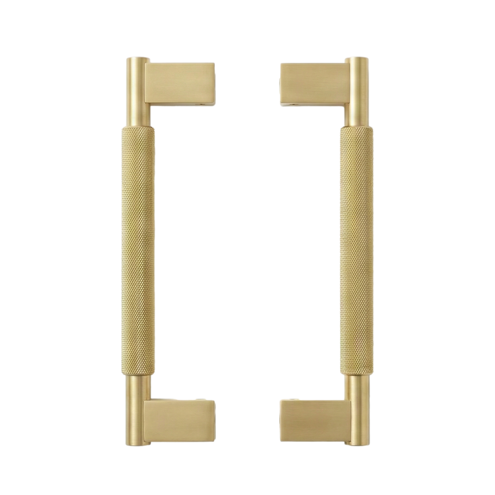 Handcrafted satin brass door pull grassetto 17 inch, featuring an heirloom knurled texture.
