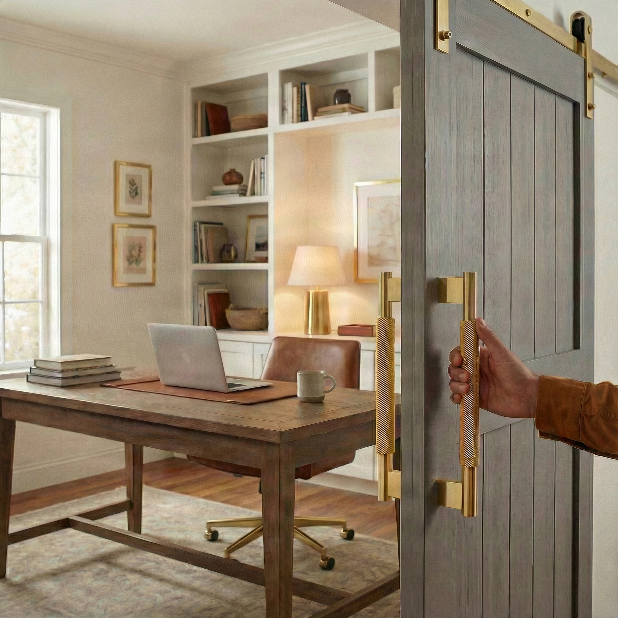 Hand opening a gray barn door with a knurled satin brass door handle 11 inch, revealing a timeless home office.