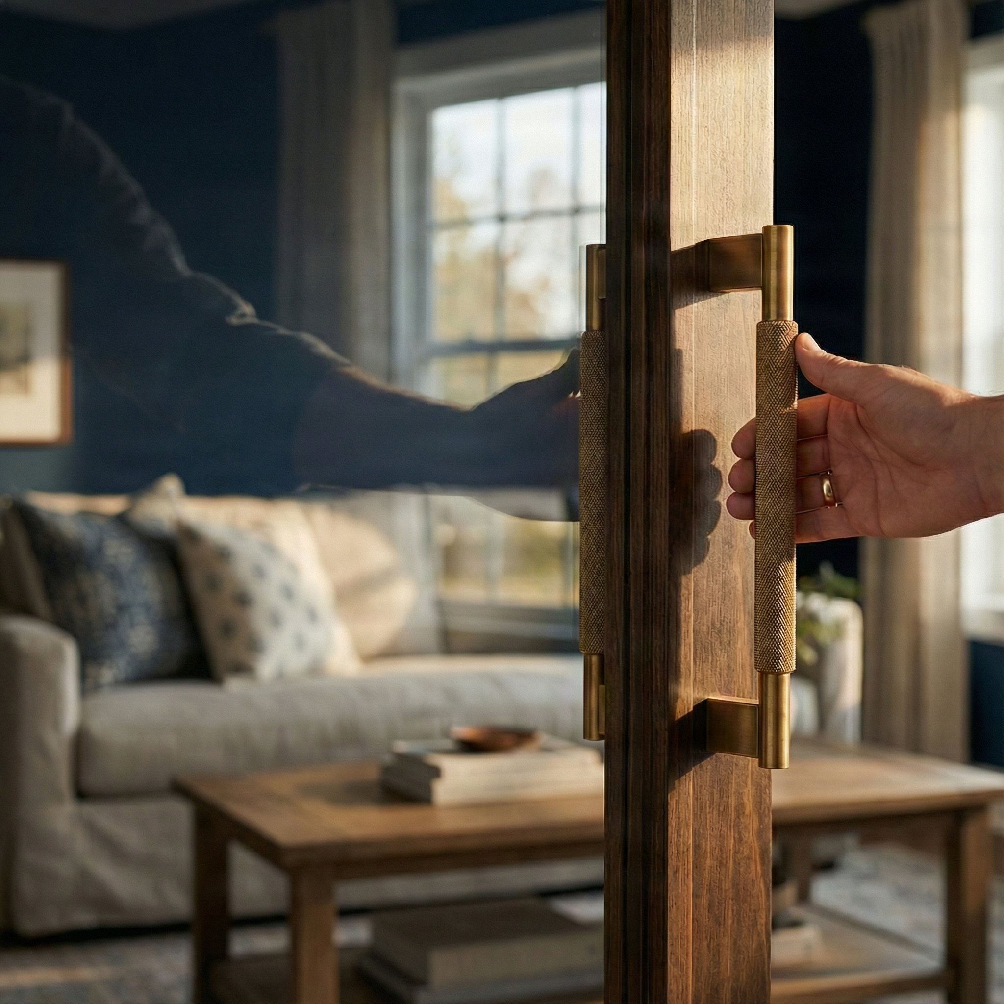 Hand gripping a linear knurled satin brass door handle on rich wood, opening to an elegant living room.