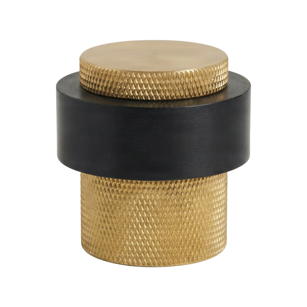 Satin brass heavy duty floor mount door stop, solid knurled brass with a dark brushed band, exudes timeless luxury.